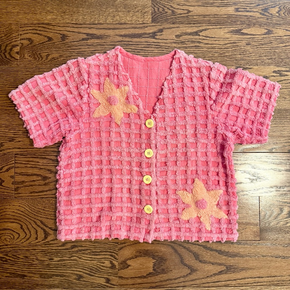 Vintage 1960s Coral Chenille Soft Button Up Top Blouse Top - Rare Find